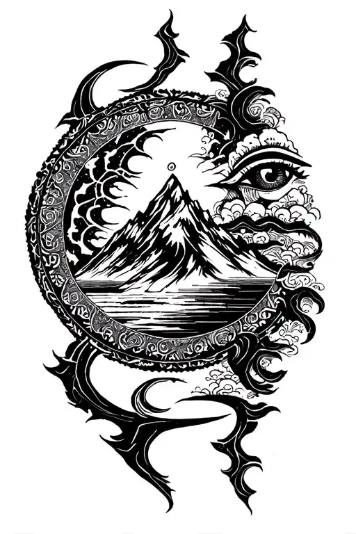 mount kailash tattoo with enso circle, trishul, third eye, and damru.  tattoo design idea