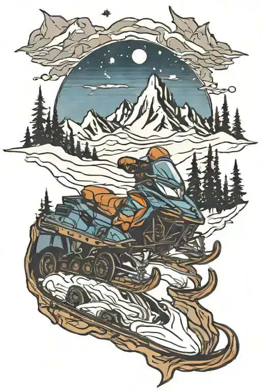 snowmobile and carpentry mountains wood tattoo design idea