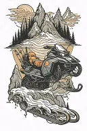 snowmobile and carpentry mountains wood tattoo design idea