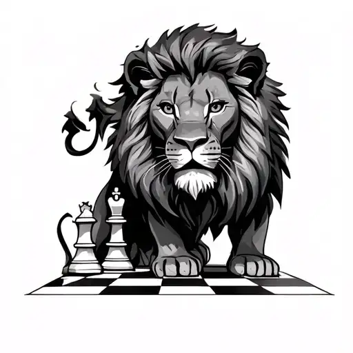 Sketch a lion king with Christian undertones on a chess board in vision dream like state.  tattoo design idea