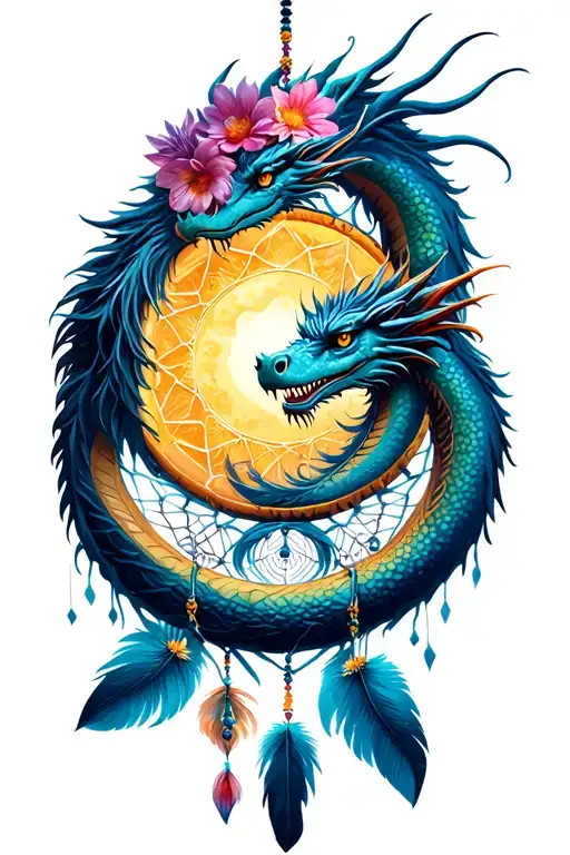 sun moon dreamcatcher flowers with dragon wrapping tattoo design idea