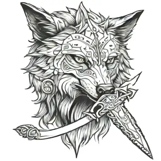 A sketch of an alpha wolf with a sword in its eye looking tattoo design idea