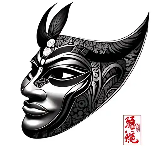Japanese with a African mask tattoo design idea