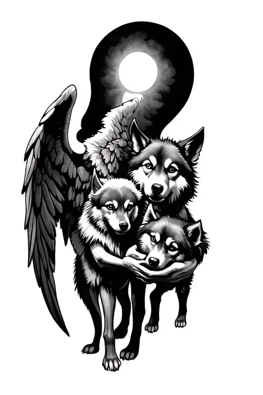 Calf tattoo, half angel, half demon, holding one wolf and one demon wolf puppies tattoo design idea