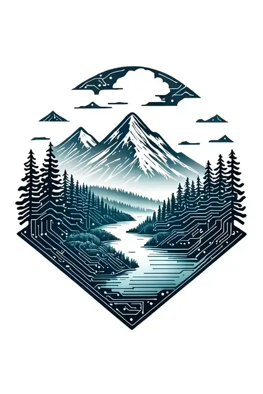 microchip circuit infused with forest with river flowing and  mountain in background  tattoo design idea