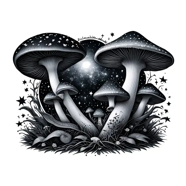 galaxy of stars and mushrooms tattoo design idea