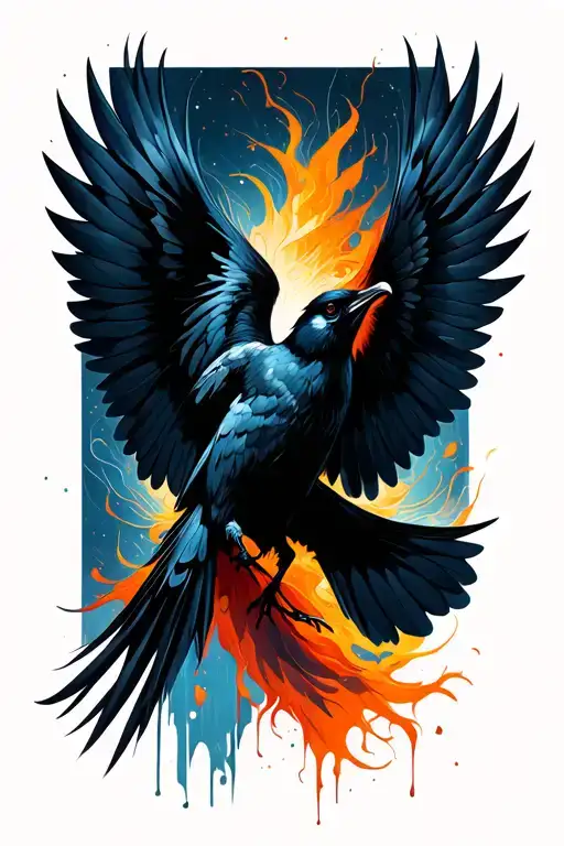 Black bird flying, 4 wings spread wide, danger tail tattoo design idea