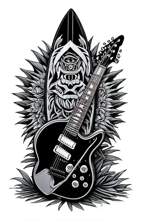 Hawaian totem surfboard and electric guitar with tattoo design idea