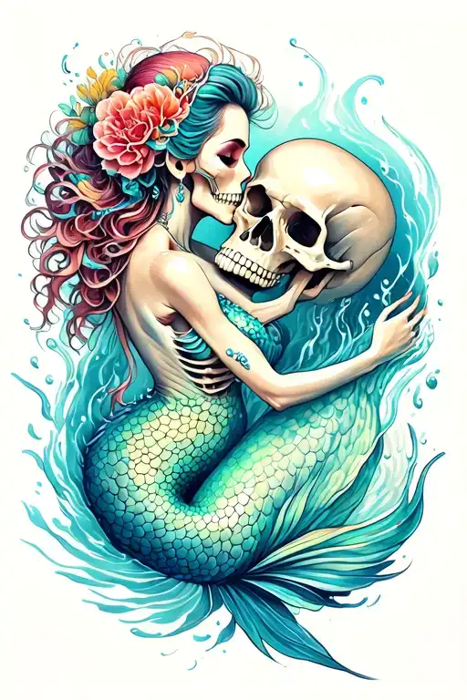 exotic Skelton body mermaid swimming in ocean kissing a skull tattoo design idea