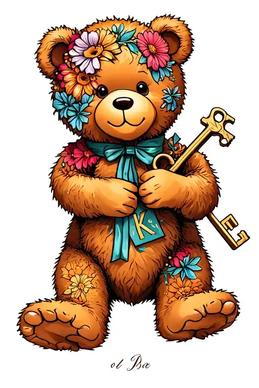 cute teddy bear holding a beautiful key with flowers and a cursive letter K on its left foot  tattoo design idea