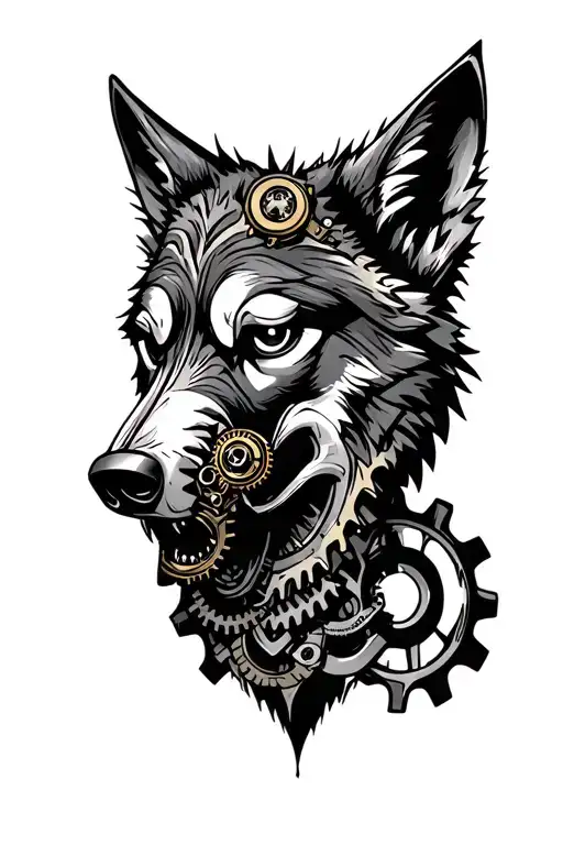 Steampunk Muzzle Wolf Anfas with the left detailed mechanized part of the face, gear mechanisms tattoo design idea