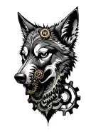 Steampunk Muzzle Wolf Anfas with the left detailed mechanized part of the face, gear mechanisms tattoo design idea