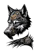 Steampunk Muzzle Wolf Anfas with the left detailed mechanized part of the face, gear mechanisms tattoo design idea