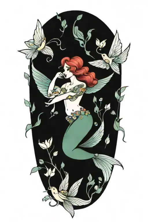 mermaid flower wings tattoo design idea
