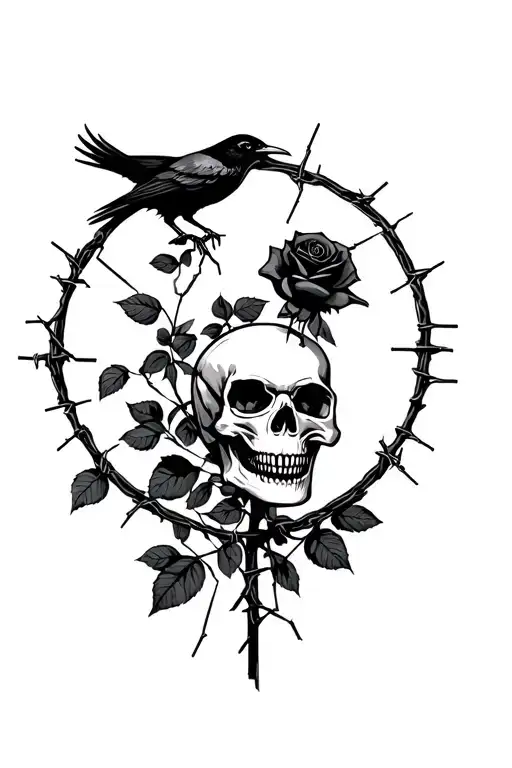 black Crow, a black rose wilting, a skull with sharp fangs, and a barbed wire halo, and an old broken mirror tattoo design idea