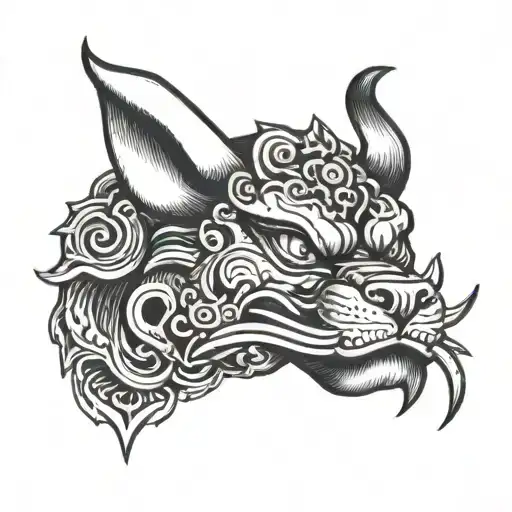 fu dog head with 3 horns and 4 eyes tattoo design idea