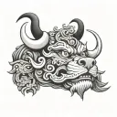 fu dog head with 3 horns and 4 eyes tattoo design idea