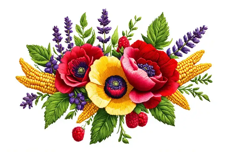 Flower bracelet in embroidery style; deep red wild roses, fresh mint, golden ears of corn, poppy, raspberries, lavender tattoo design idea
