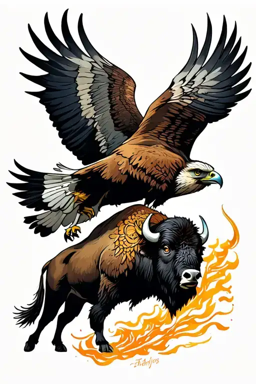 neotraditional sleeve with a hawk flying and a bison tattoo design idea