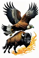 neotraditional sleeve with a hawk flying and a bison tattoo design idea