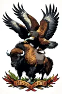 neotraditional sleeve with a hawk flying and a bison tattoo design idea