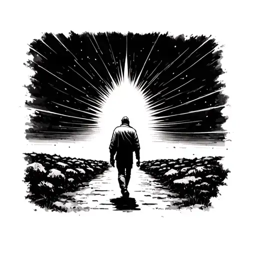 A person walking on a narrow path surrounded by darkness, guided by a light from above symbolizing God’s presence. Minim tattoo design idea