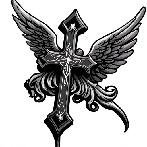 small cross with angel wings made tattoo design idea