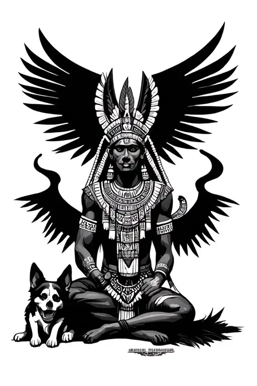 Aztec God sitting on the ground with a dog and skulls tattoo design idea