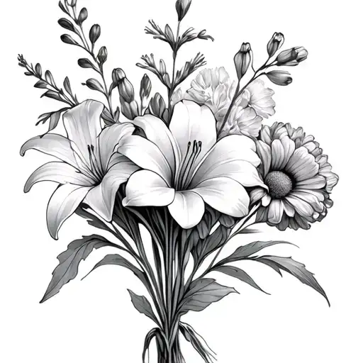 - What birth flowers do you want to include?Larkspur (July), Lily (May), marigold (October), violet(February) bouquet tattoo design idea