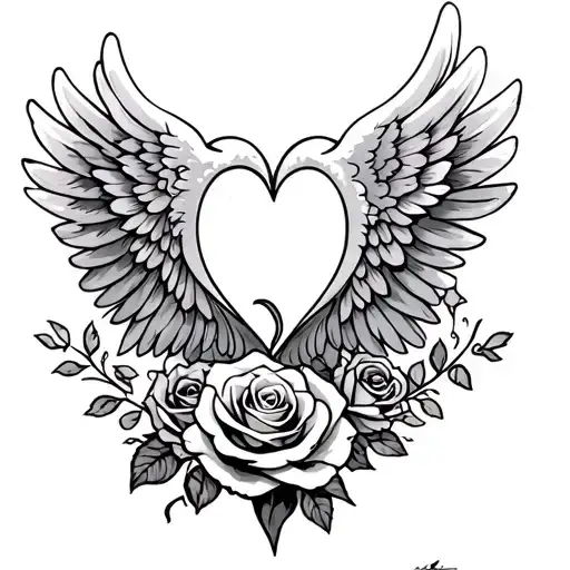 angel wings spread wide, heart and roses tattoo design idea
