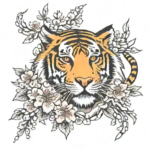 tiger and cherry blossom fine line tattoo tattoo design idea