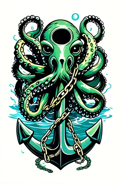 black and green octopus wrapped around anchor in water with broken chain tattoo design idea