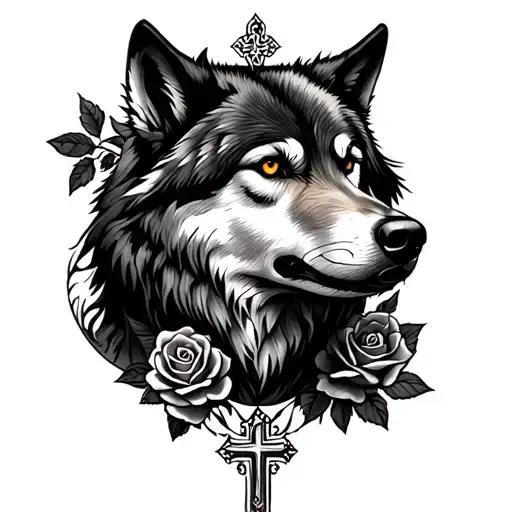 full sleeve wolf, rose, cross tattoo design tattoo design idea