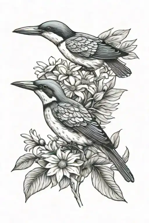snowpea and daisy bouquet with kingfisher tattoo design idea