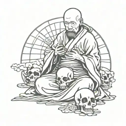 Ancient Japanese monk with skull in hand tattoo design idea