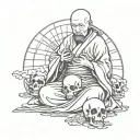 Ancient Japanese monk with skull in hand tattoo design idea