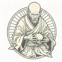 Ancient Japanese monk with skull in hand tattoo design idea