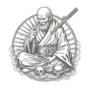 Ancient Japanese monk with skull in hand tattoo design idea