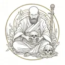 Ancient Japanese monk with skull in hand tattoo design idea
