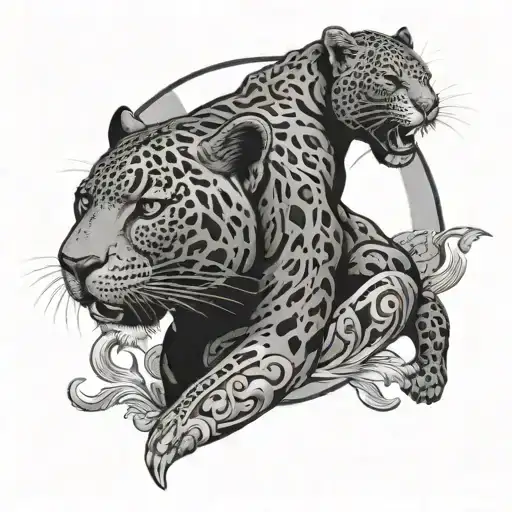 black jaguar, with a warrior and a sun tattoo design idea