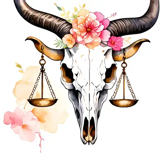 feminine taurus bull skull with Libra scales tattoo design idea