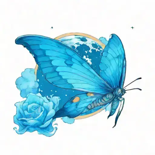 A colorful moth flying under a full moon in a serene ocean setting tattoo design idea