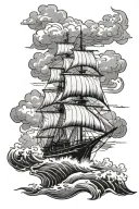 Tattoo in black and white. A big sailing boat with stormy clouds and lightning in rough water tattoo design idea