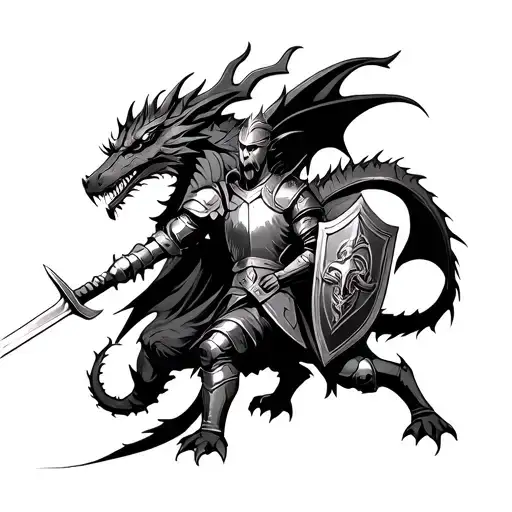 Tattoo sketch. Knight fighting with three-headed dragon. Knight holds sword and shield in his hand. Dragon and knight lo tattoo design idea
