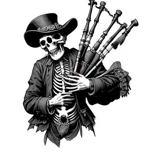 old Scottish man skeleton playing bagpipes wearing traditional Scottish clothing tattoo design idea