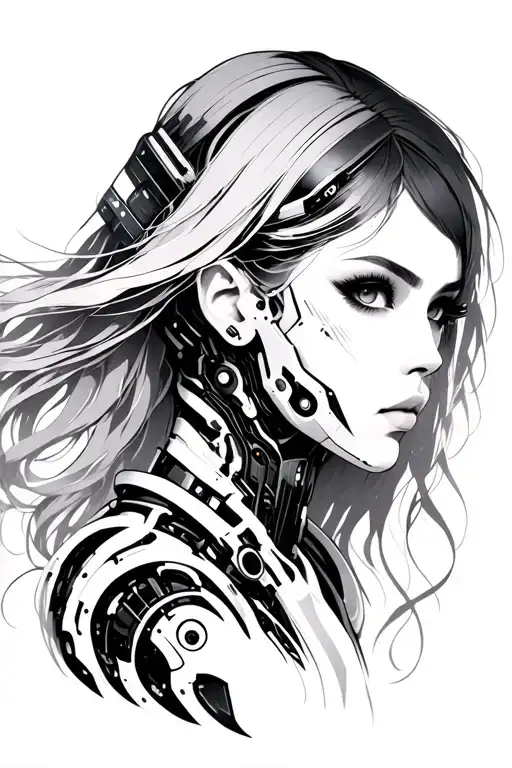 Cyberpunk tattoo of a beautiful female android face in mech-anime style, with long flowing hair, visible facial implants tattoo design idea