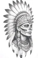 aztec warrior girl, skeletal fierce face, crown skull, geometric patterns feathers, spirituality, afterlife, death tattoo design idea
