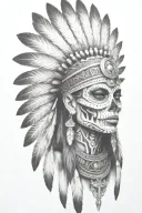 aztec warrior girl, skeletal fierce face, crown skull, geometric patterns feathers, spirituality, afterlife, death tattoo design idea