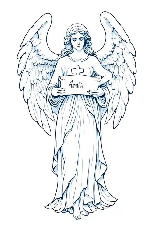 Angel holding scroll with the name Amalie  in it mixed with holy cross tattoo design idea