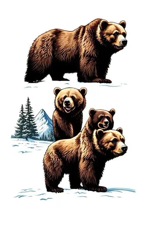 grizzley bears x1 and cubs x3 and mountain's clear sky and normal dog tattoo design idea